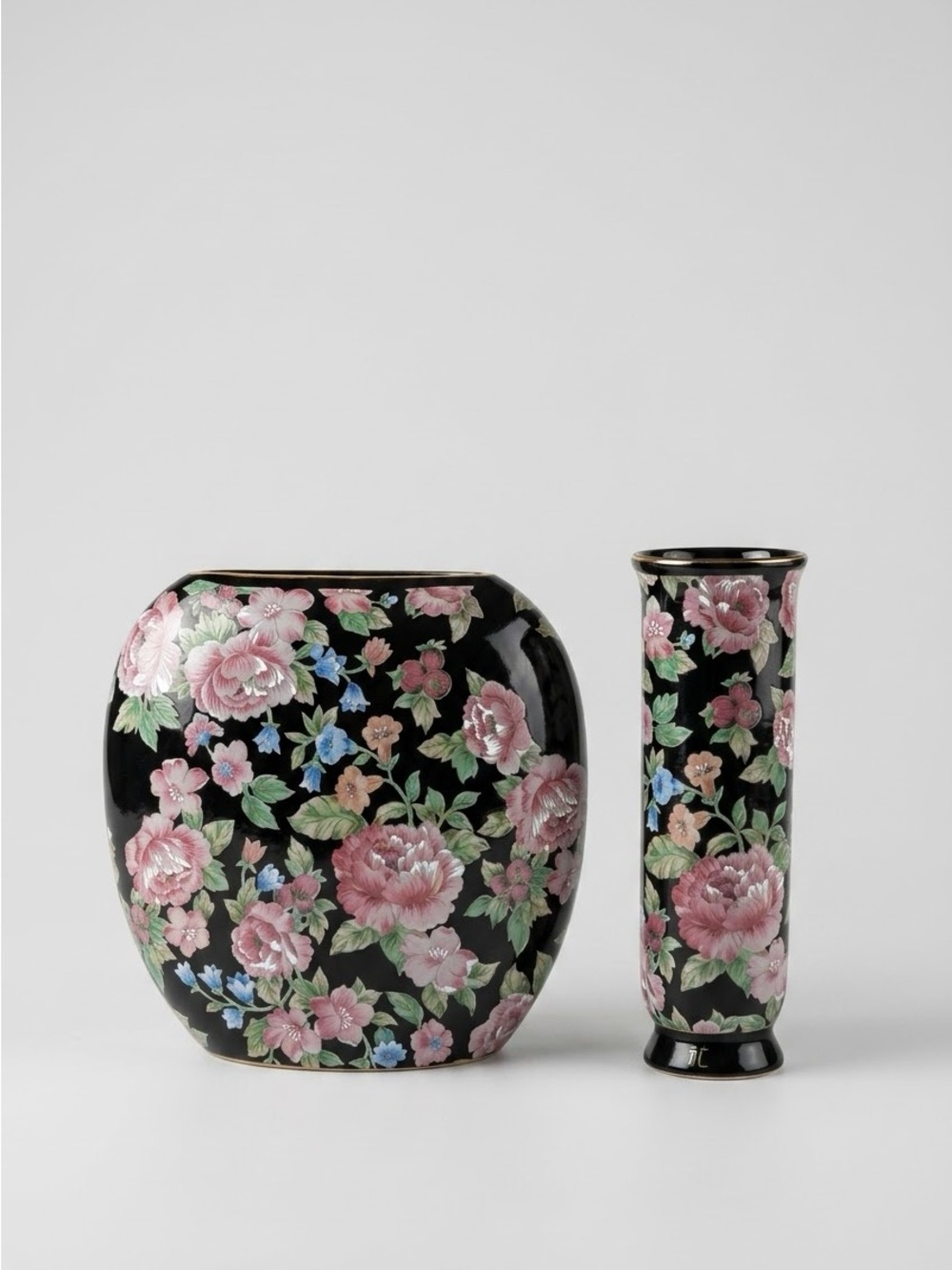 Vintage Otagiri Japan Tavistock Floral Garden Black Ceramic Vases Set of 2